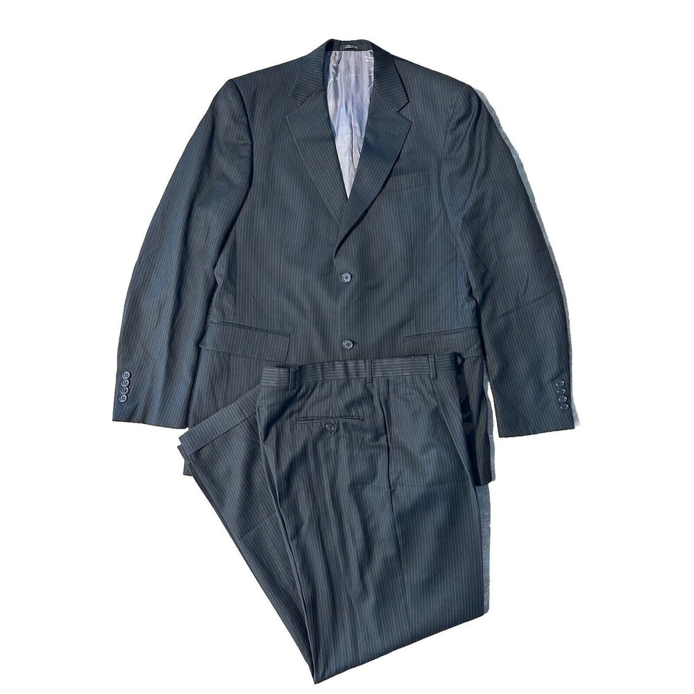 Hart Schaffner Marx Suit Mens Black Pinstripe Custom Size Made In USA